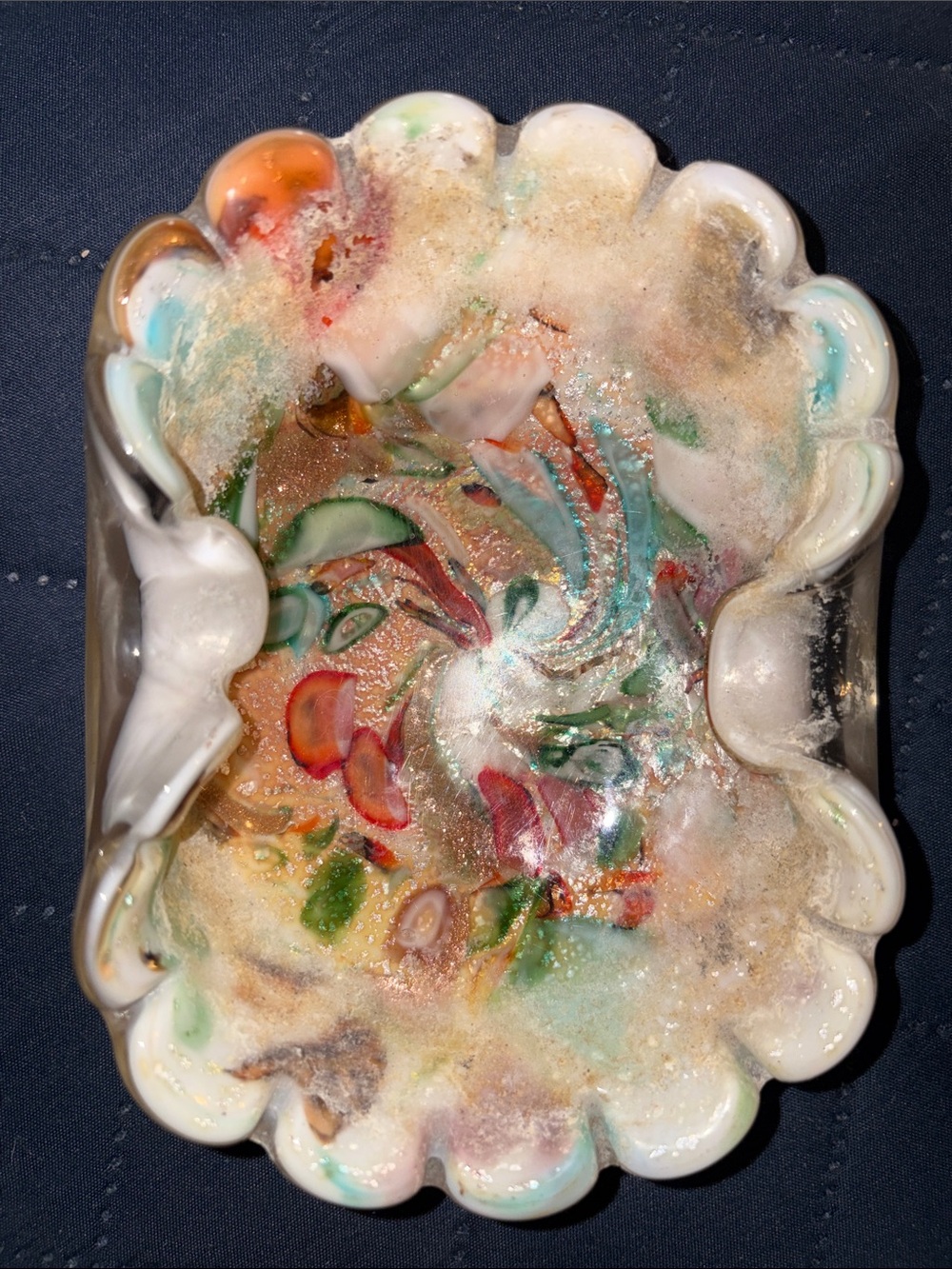 Murano White, Green, Red and Gold Art Glass Bowl